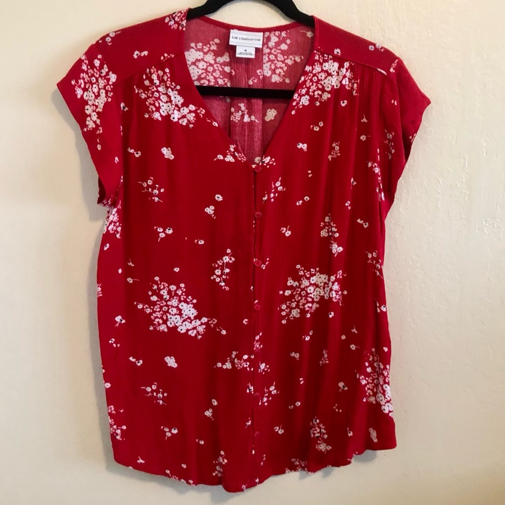 LIZ CLAIBORNE Blouse Red/White Floral Short Sleeve Size Medium